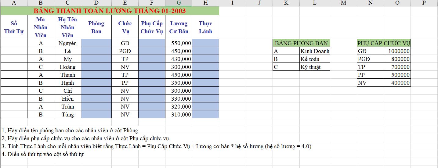 Bài tập về Hàm VLOOKUP cho nhiều cột